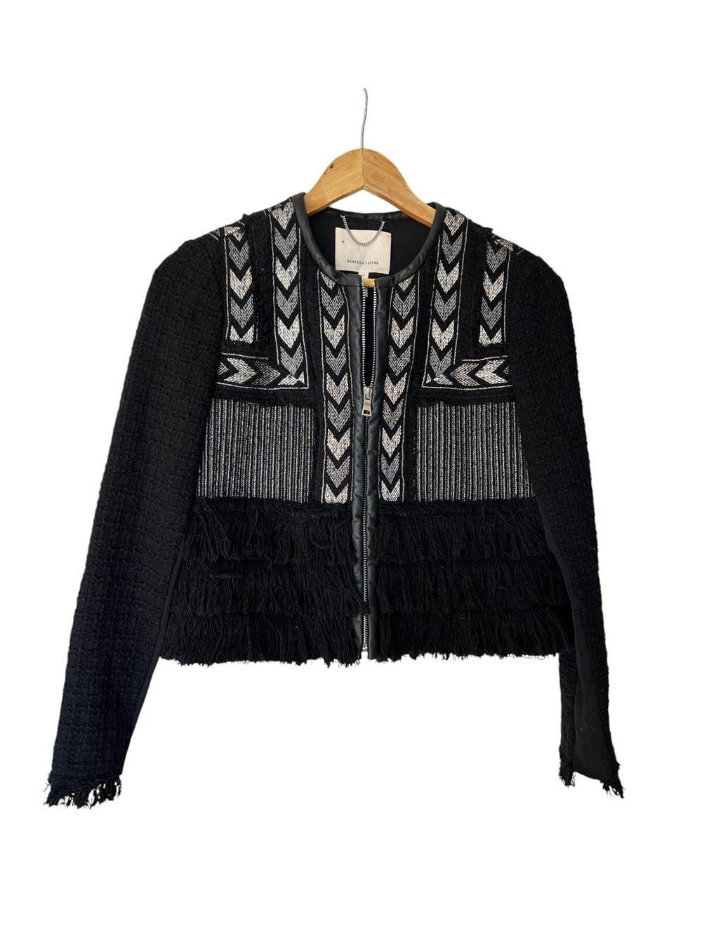 Rebecca Taylor Black Tweed Embroidered Tweed Fringe Jacket